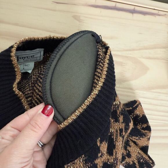 Vintage 80s Crewneck Leopard Pullover Knit Sweater Black Brown Metallic Gold, L - Picture 5 of 11